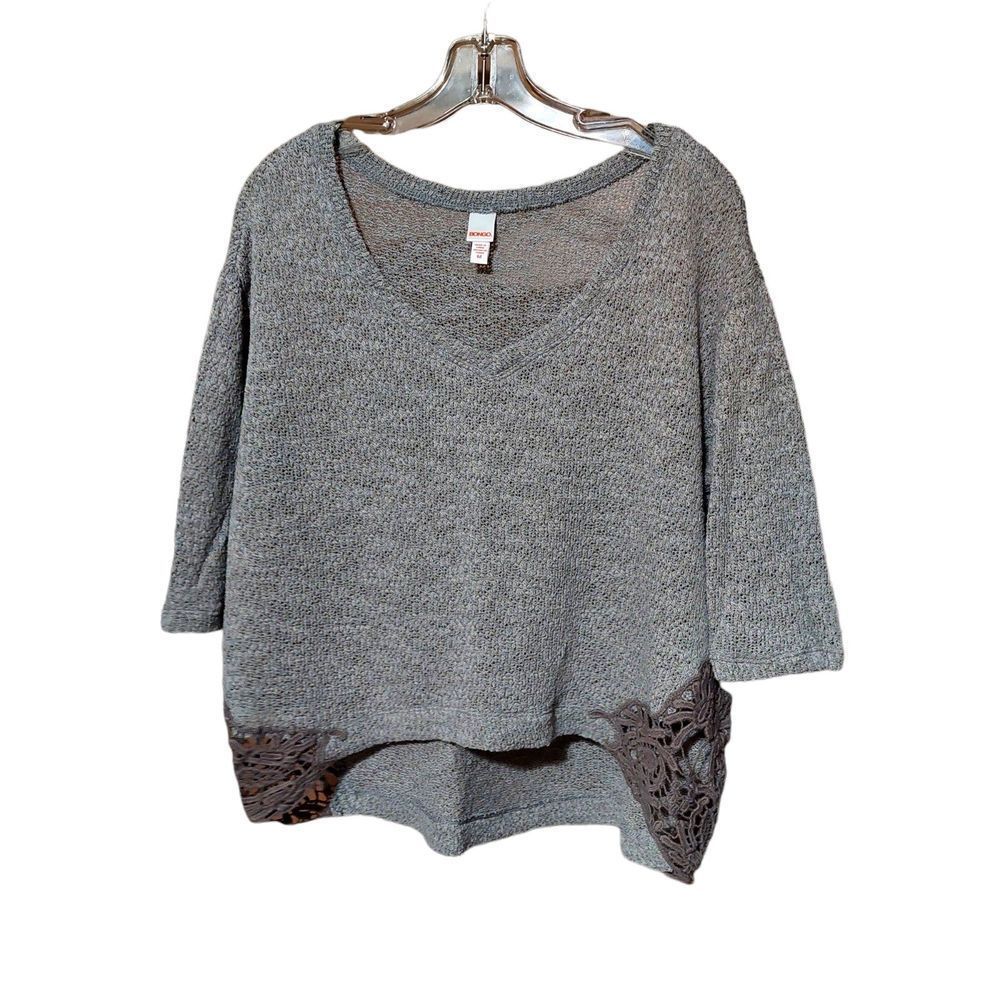 Bongo Cropped Off Shoulder Sweater, Medium, Gray Lace Inset On Sides, ¾ Sleeve